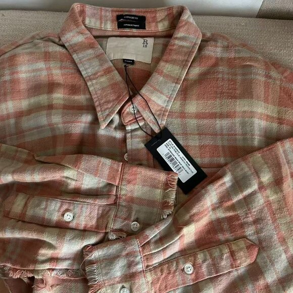NWT R13 Shredded Seam Flannel Drop Neck Shirt Washed-Out Red/Khaki Plaid XLarge - Picture 12 of 15